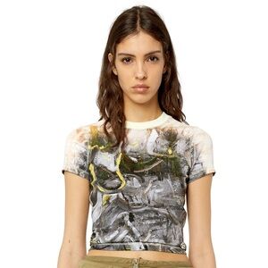Abstract Print Short Sleeve Crop Top - White/Gray/Yellow